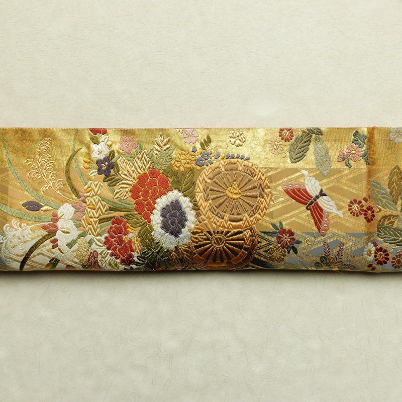 袋帯 花車 三彩錦 六通柄 良品 フォーマル用 正絹 古典柄 箔 金糸 帯 金・銀_画像12