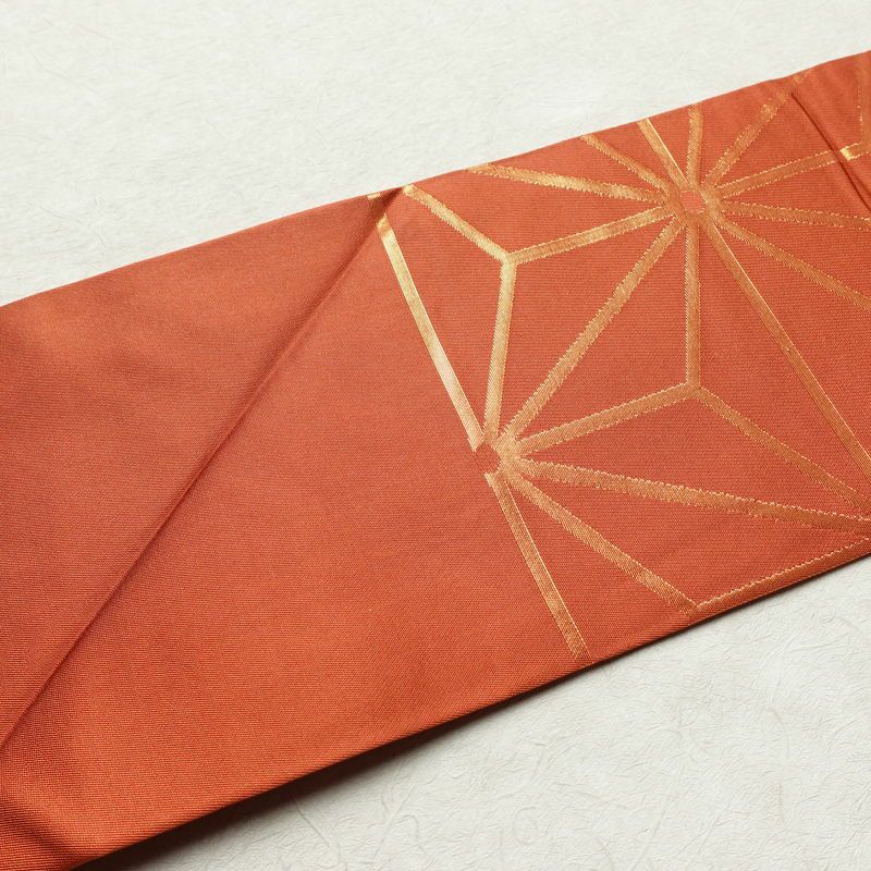 名古屋帯 六通柄 良品 正絹 麻の葉柄 名古屋仕立て 箔 帯 橙_画像14