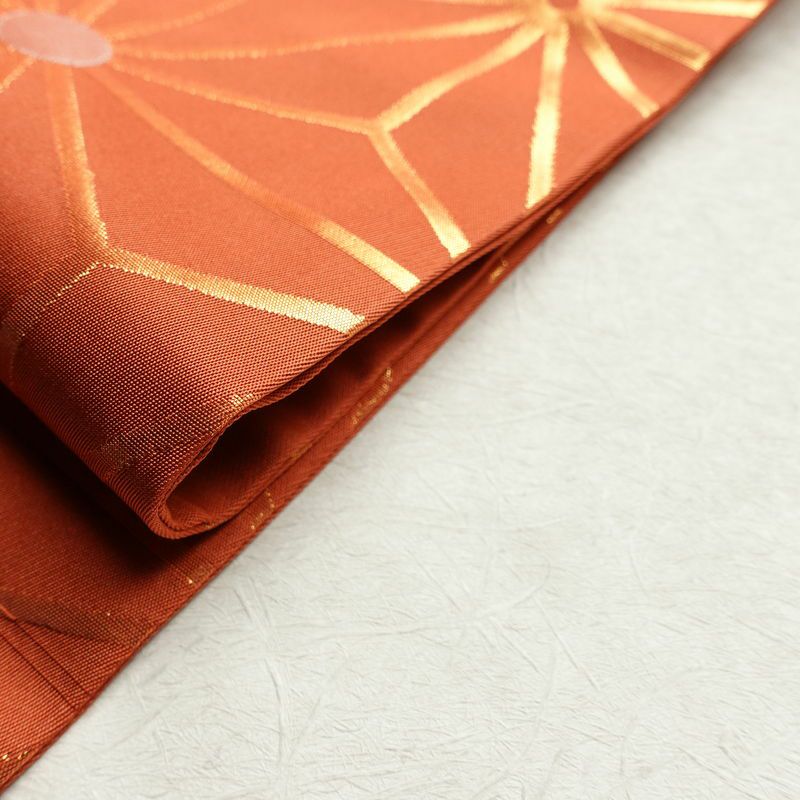 名古屋帯 六通柄 良品 正絹 麻の葉柄 名古屋仕立て 箔 帯 橙_画像18