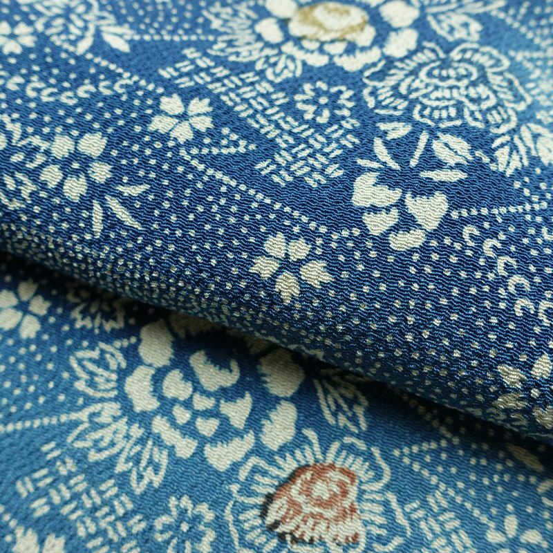 小紋 縮緬 総柄 正絹 花柄 袷仕立て 身丈156cm 裄丈67.5cm 着物 青・紺_画像20