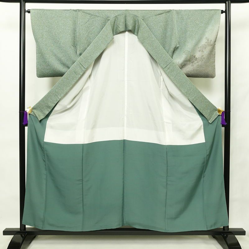 付け下げ 良品 正絹 花柄 袷仕立て 身丈156cm 裄丈65cm フォーマル 着物 緑・うぐいす色_画像3