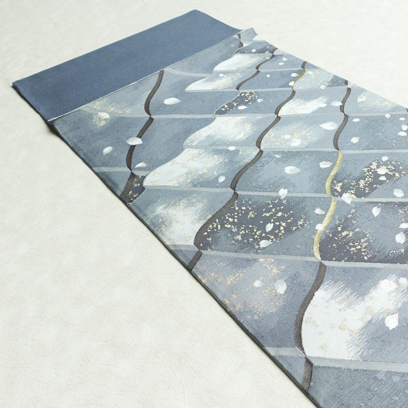 袋帯 六通柄 美品 フォーマル用 正絹 古典柄 金糸 銀糸 帯 桜 花びら 青・紺_画像17