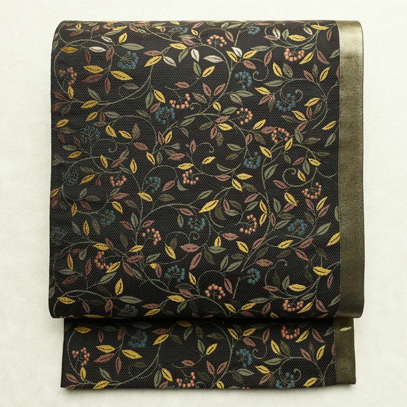 袋帯 六通柄 良品 綾織 一般用 正絹 木の葉・植物柄 茶_画像1