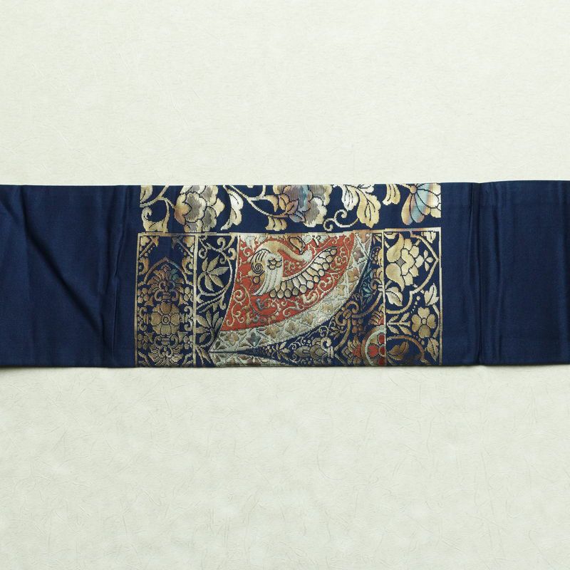 名古屋帯 太鼓柄 正絹 幾何学柄・抽象柄 名古屋仕立て 箔 帯 青・紺_画像12