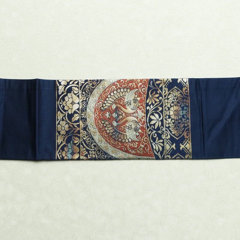 名古屋帯 太鼓柄 正絹 幾何学柄・抽象柄 名古屋仕立て 箔 帯 青・紺_画像15