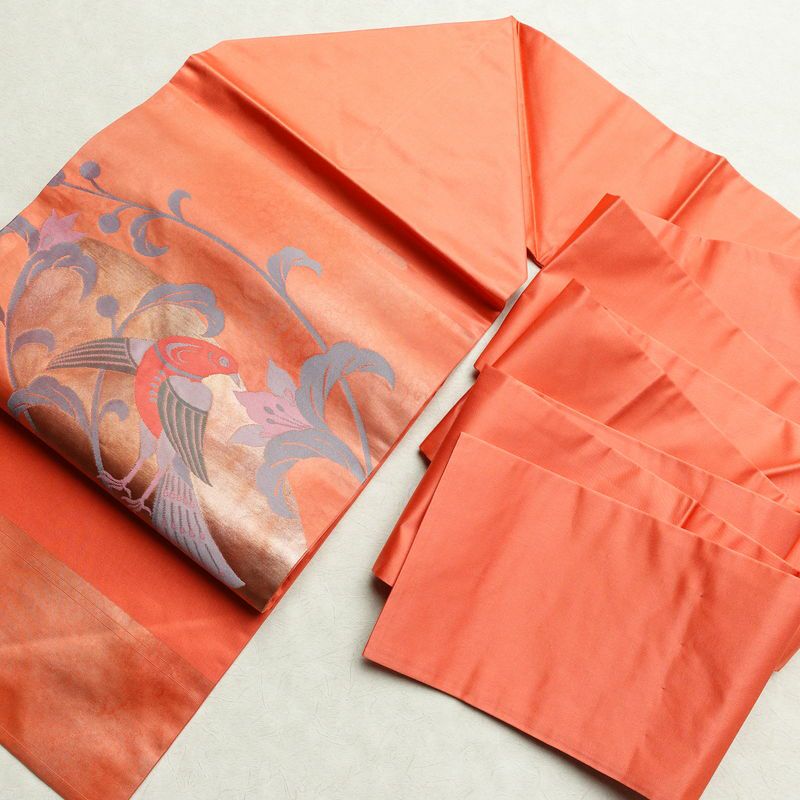 名古屋帯 太鼓柄 美品 正絹 人物・動物柄 名古屋仕立て 帯 鳥 橙_画像16