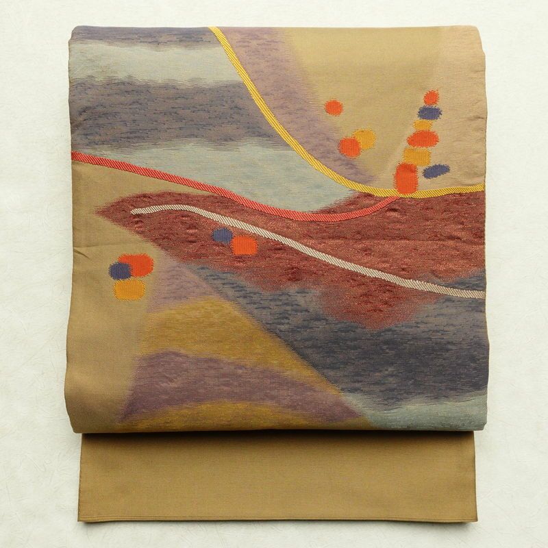 袋帯 太鼓柄 一般用 正絹 幾何学柄・抽象柄 帯 黄・黄土色_画像1