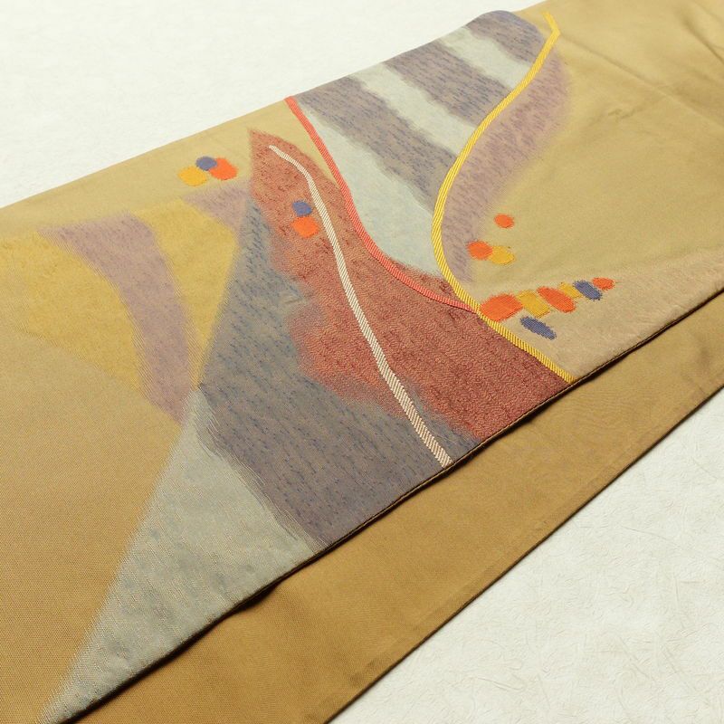 袋帯 太鼓柄 一般用 正絹 幾何学柄・抽象柄 帯 黄・黄土色_画像12