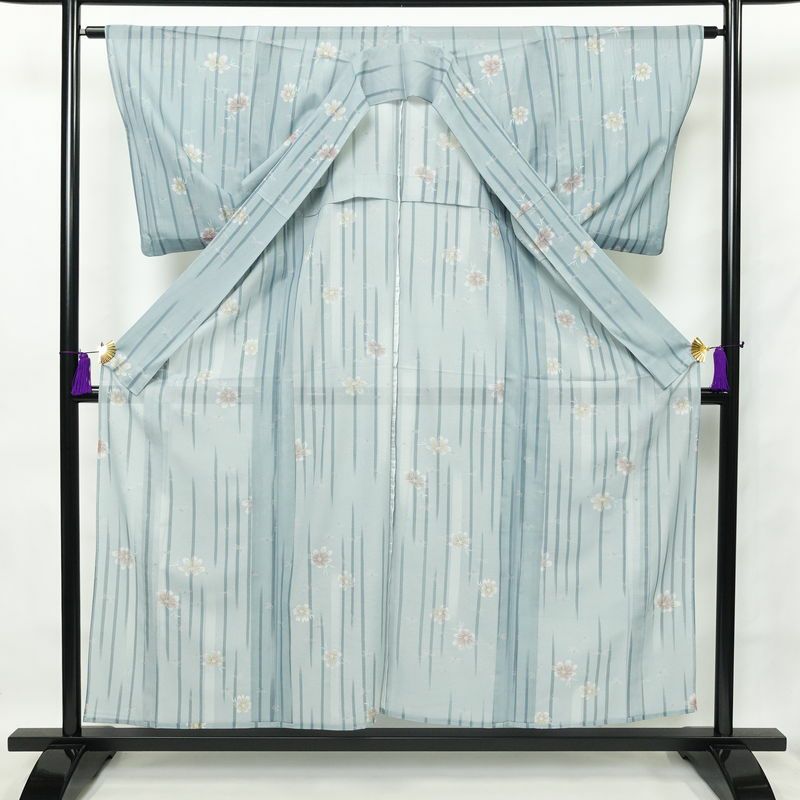 盛夏 小紋 良品 夏用 絽 正絹 花柄 単衣仕立て 身丈154.5cm 裄丈63cm 着物 青・紺_画像3