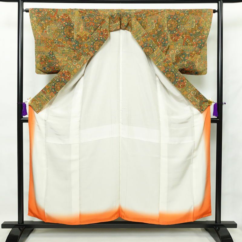 小紋 良品 縮緬 正絹 幾何学柄・抽象柄 袷仕立て 身丈156cm 裄丈65.5cm 着物 黄・黄土色_画像3