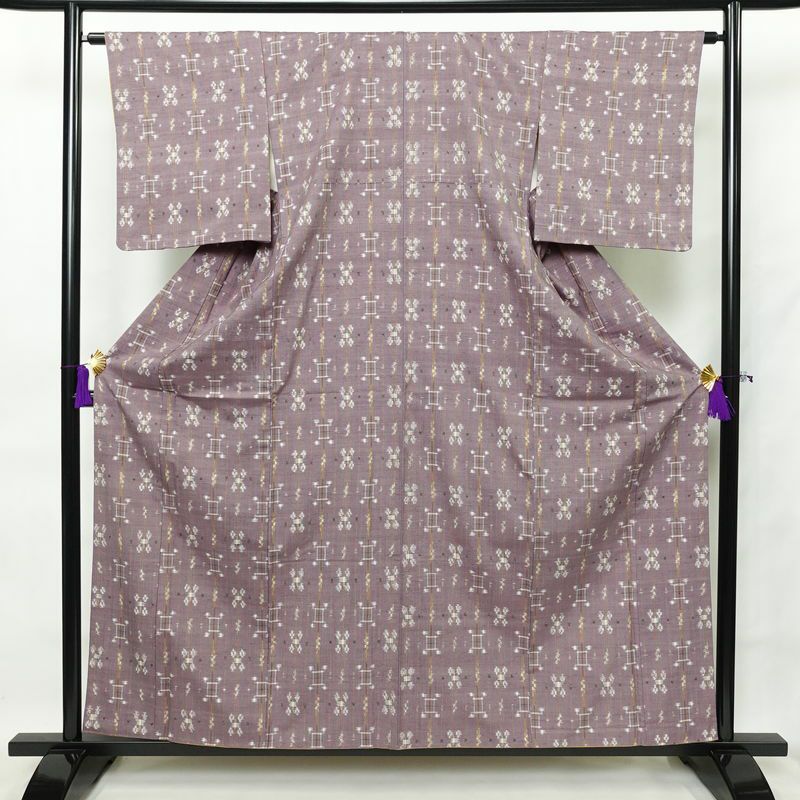 紬 正絹 幾何学柄・抽象柄 袷仕立て 身丈158.5cm 裄丈64cm 紫・藤色_画像1
