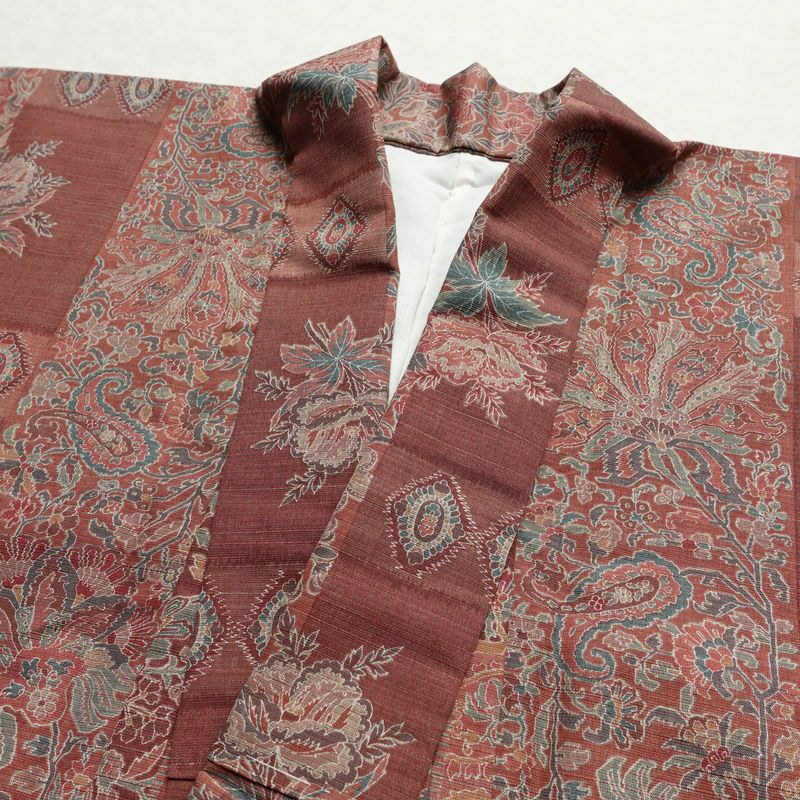 小紋 紬地 美品 胴抜き仕立て しつけ糸付き 正絹 幾何学柄・抽象柄 身丈165cm 裄丈67cm 茶_画像15