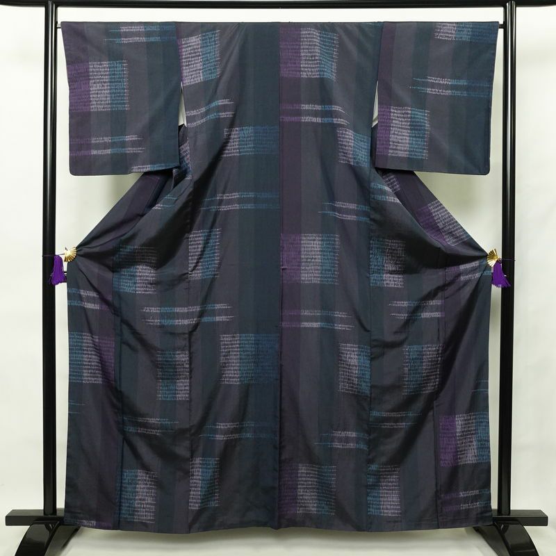 大島紬 証紙あり 絞り 正絹 縞柄・線柄 袷仕立て 身丈162cm 裄丈67cm 青・紺_画像1