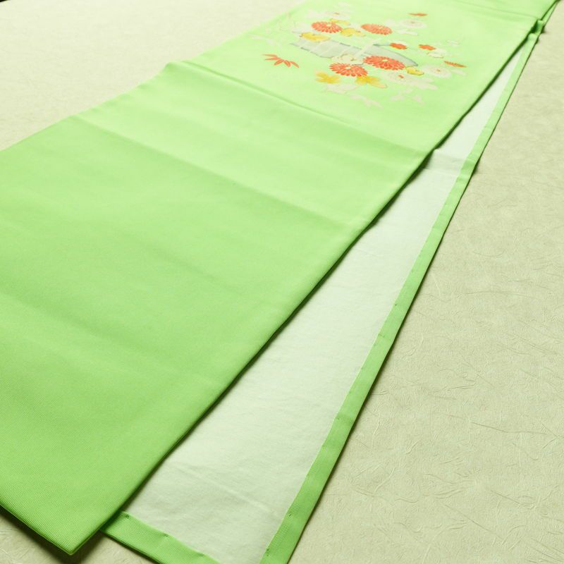 名古屋帯 太鼓柄 金駒刺繍 正絹 木の葉・植物柄 通し仕立て 箔 緑・うぐいす色_画像7