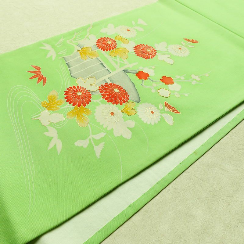 名古屋帯 太鼓柄 金駒刺繍 正絹 木の葉・植物柄 通し仕立て 箔 緑・うぐいす色_画像9
