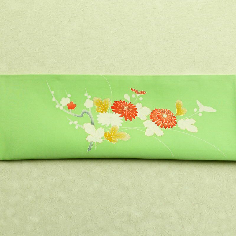 名古屋帯 太鼓柄 金駒刺繍 正絹 木の葉・植物柄 通し仕立て 箔 緑・うぐいす色_画像12