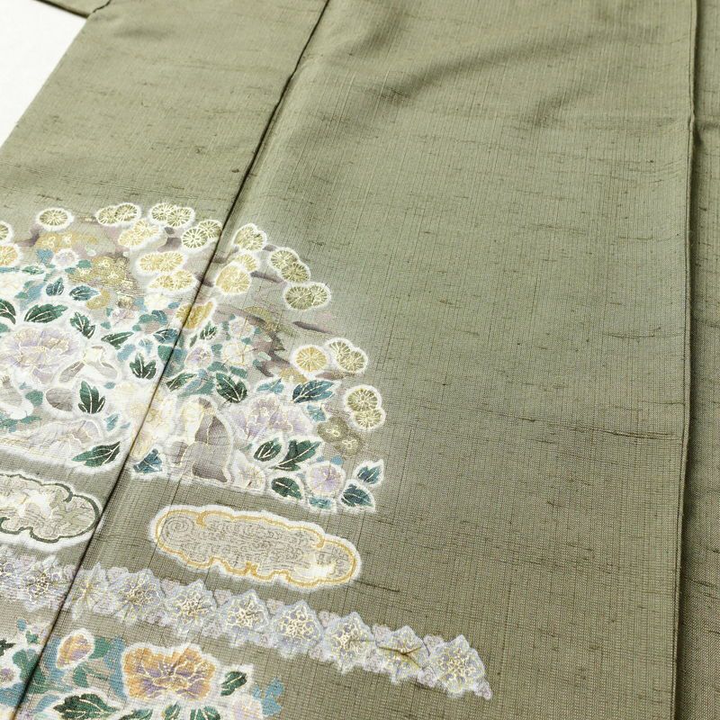 訪問着 良品 三猿 紬地 正絹 花柄 袷仕立て 身丈162.5cm 裄丈66cm 箔 一部しつけ糸付き 金彩 緑・うぐいす色_画像5