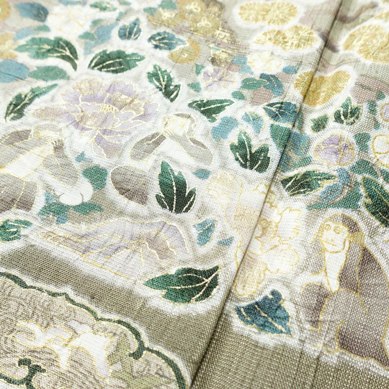 訪問着 良品 三猿 紬地 正絹 花柄 袷仕立て 身丈162.5cm 裄丈66cm 箔 一部しつけ糸付き 金彩 緑・うぐいす色_画像7