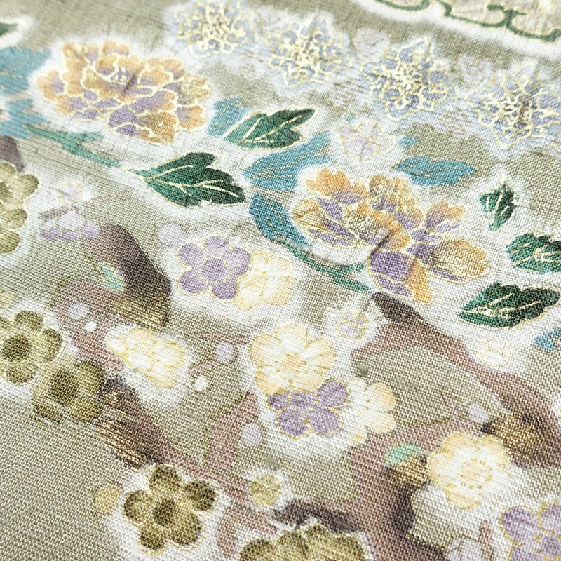 訪問着 良品 三猿 紬地 正絹 花柄 袷仕立て 身丈162.5cm 裄丈66cm 箔 一部しつけ糸付き 金彩 緑・うぐいす色_画像8