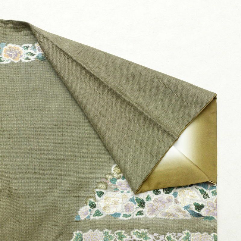 訪問着 良品 三猿 紬地 正絹 花柄 袷仕立て 身丈162.5cm 裄丈66cm 箔 一部しつけ糸付き 金彩 緑・うぐいす色_画像13