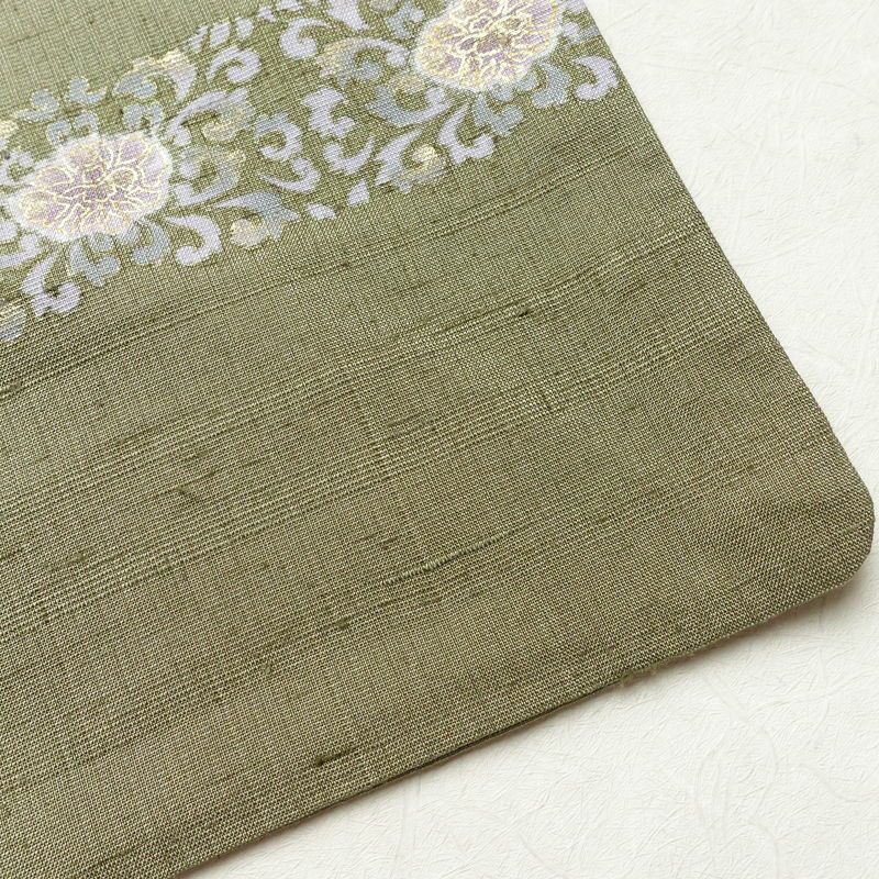 訪問着 良品 三猿 紬地 正絹 花柄 袷仕立て 身丈162.5cm 裄丈66cm 箔 一部しつけ糸付き 金彩 緑・うぐいす色_画像14