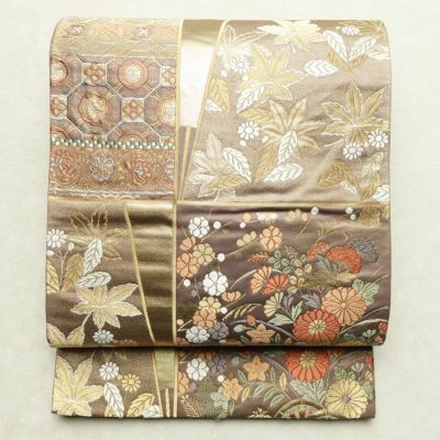 袋帯 六通柄 フォーマル用 正絹 古典柄 金糸 紅葉 菊 茶