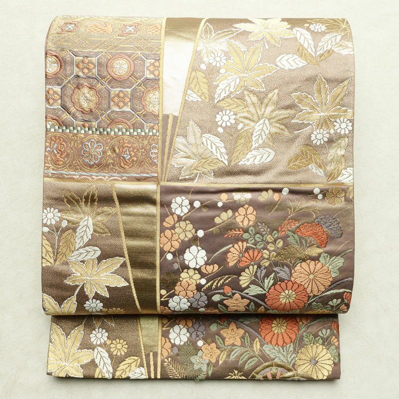 袋帯 六通柄 フォーマル用 正絹 古典柄 金糸 紅葉 菊 茶_画像1