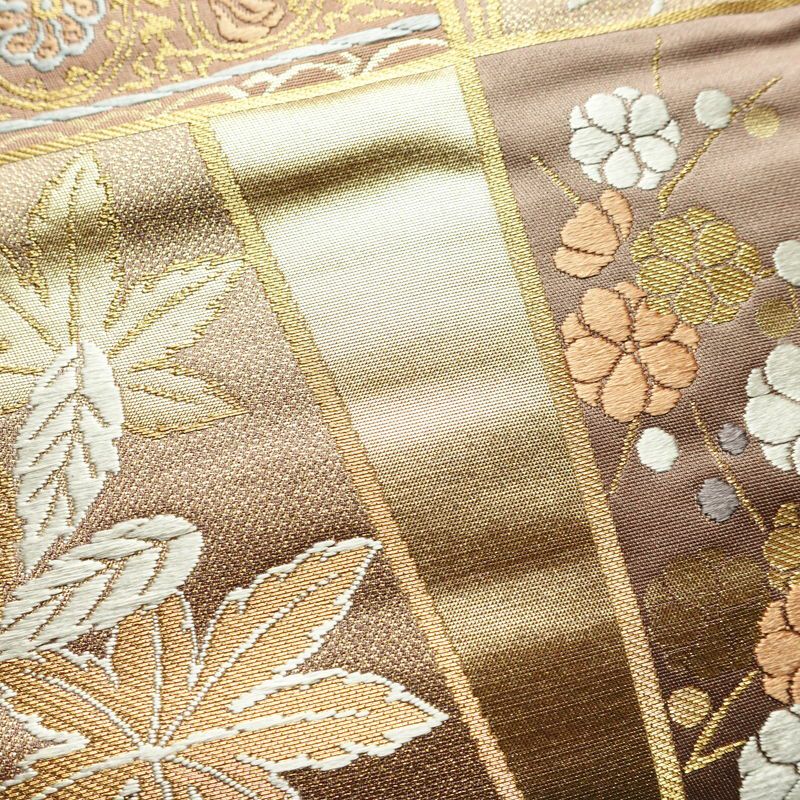 袋帯 六通柄 フォーマル用 正絹 古典柄 金糸 紅葉 菊 茶_画像6