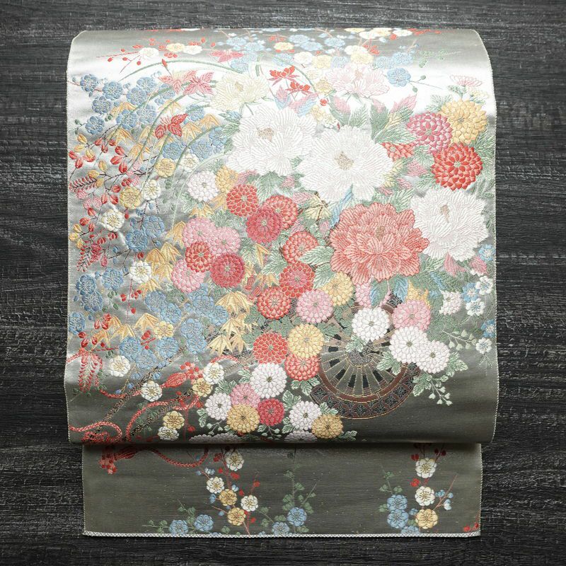 袋帯 プラチナ箔 六通柄 フォーマル用 正絹 古典柄 箔 花車 金・銀_画像1