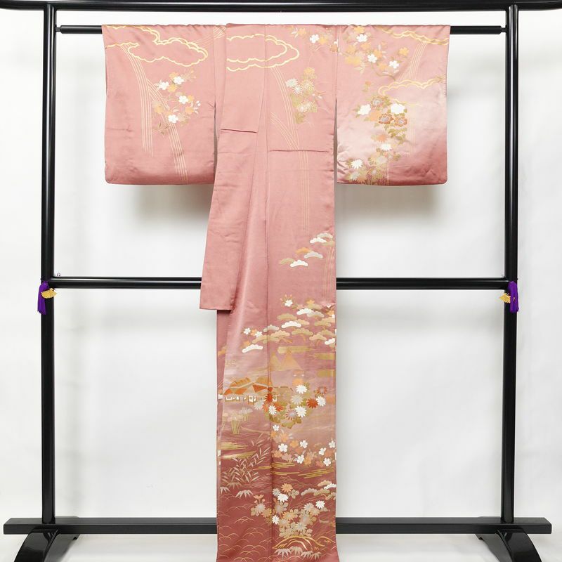 訪問着 正絹 古典柄 袷仕立て 身丈163.5cm 裄丈64.5cm 箔 金彩 ピンク_画像2