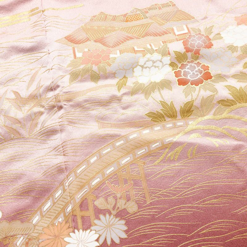 訪問着 正絹 古典柄 袷仕立て 身丈163.5cm 裄丈64.5cm 箔 金彩 ピンク_画像10