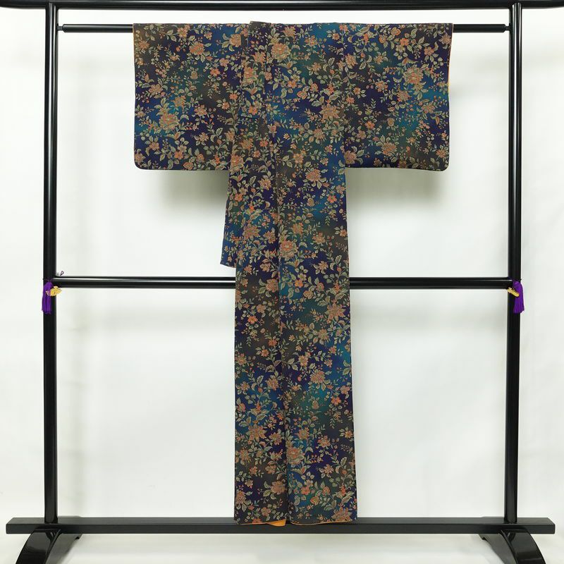 小紋 総柄 正絹 花柄 袷仕立て 身丈149cm 裄丈64cm 青・紺_画像2