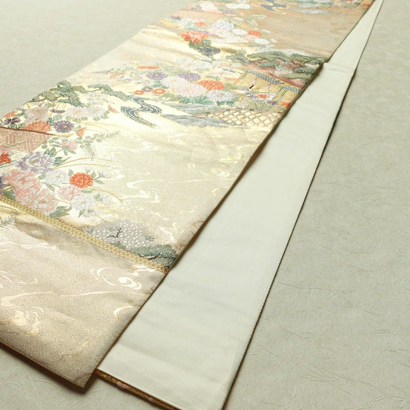 袋帯 六通柄 フォーマル用 正絹 流水御所解紋 風景柄 箔 金・銀_画像7