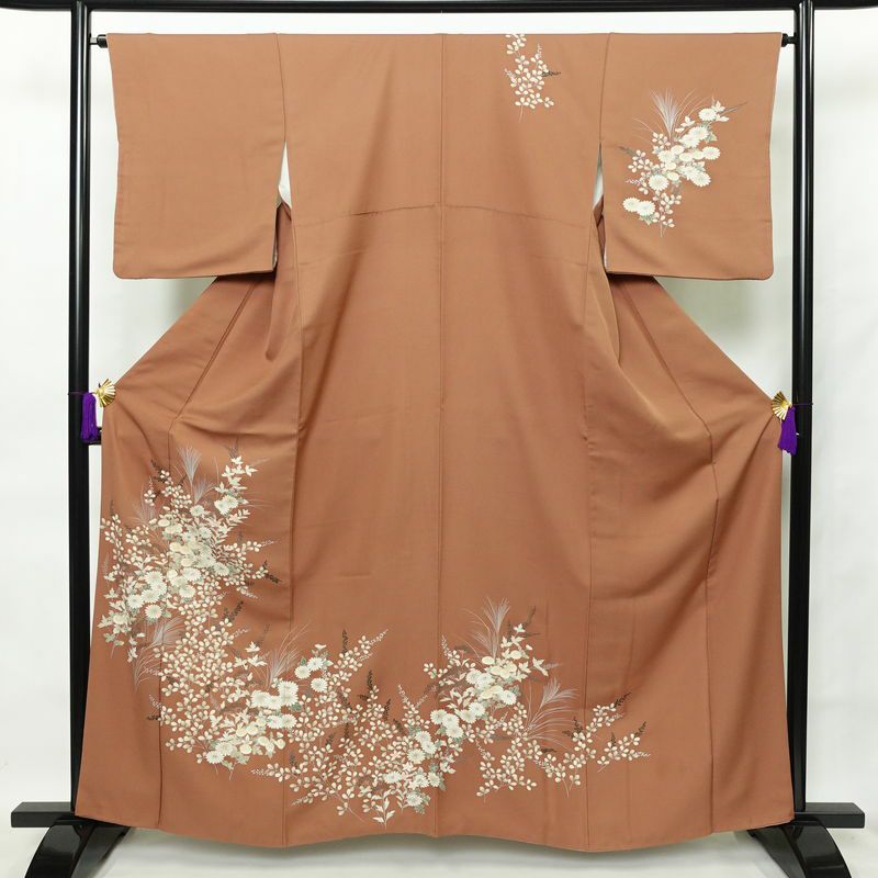 訪問着 正絹 花柄 袷仕立て 身丈161.5cm 裄丈65.5cm 菊 萩 万寿菊 茶_画像1