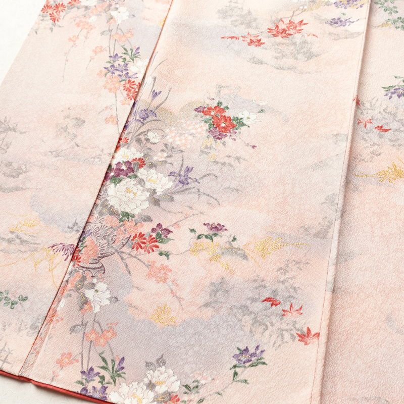 小紋 正絹 風景柄 袷仕立て 身丈160.5cm 裄丈64.5cm 箔 紅葉 菊 芍薬 ピンク_画像4