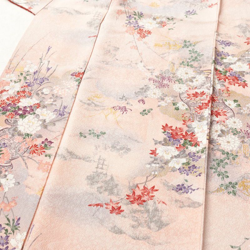 小紋 正絹 風景柄 袷仕立て 身丈160.5cm 裄丈64.5cm 箔 紅葉 菊 芍薬 ピンク_画像5