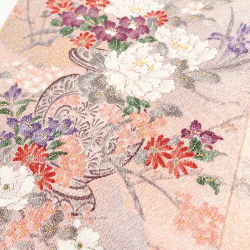 小紋 正絹 風景柄 袷仕立て 身丈160.5cm 裄丈64.5cm 箔 紅葉 菊 芍薬 ピンク_画像8