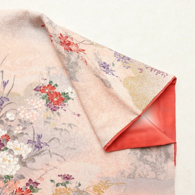 小紋 正絹 風景柄 袷仕立て 身丈160.5cm 裄丈64.5cm 箔 紅葉 菊 芍薬 ピンク_画像14