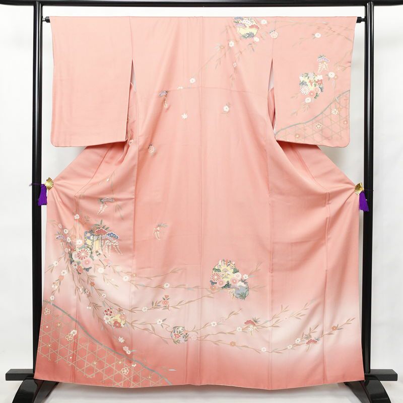 訪問着 正絹 古典柄 身丈163cm 裄丈65.5cm 箔 金彩 御所車 梅 松 菊 ピンク_画像1