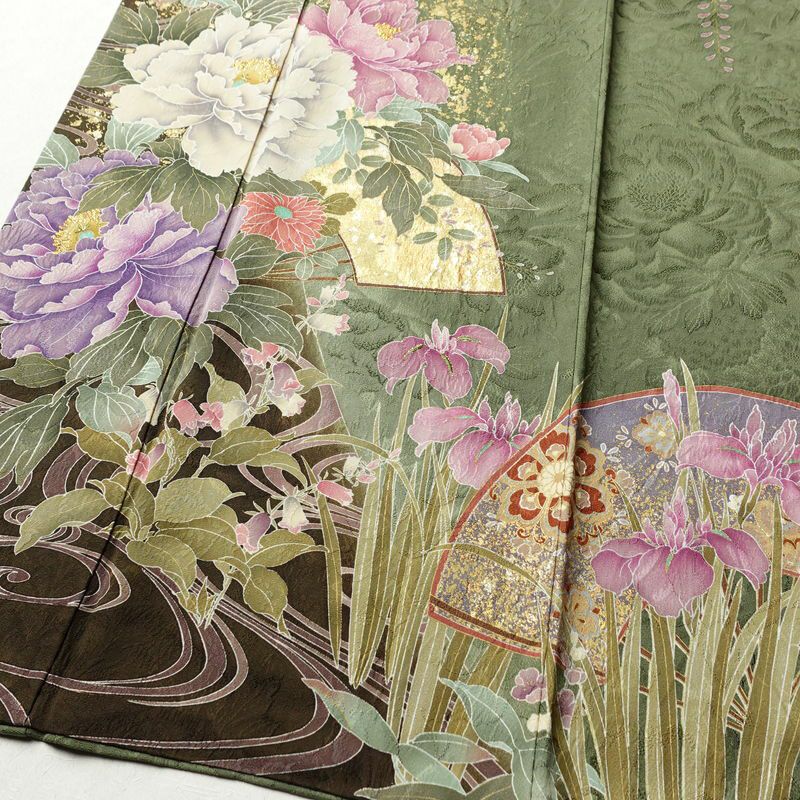 振袖 美品 華徒然 正絹 花柄 袷仕立て 身丈164cm 裄丈68cm 箔 刺繍 共八掛 芍薬 藤 菖蒲 紫陽花 菊 扇子 成人式 金彩 金糸 緑・うぐいす色_画像4