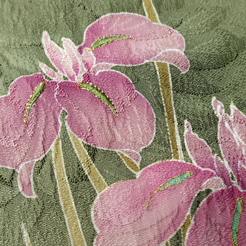 振袖 美品 華徒然 正絹 花柄 袷仕立て 身丈164cm 裄丈68cm 箔 刺繍 共八掛 芍薬 藤 菖蒲 紫陽花 菊 扇子 成人式 金彩 金糸 緑・うぐいす色_画像9