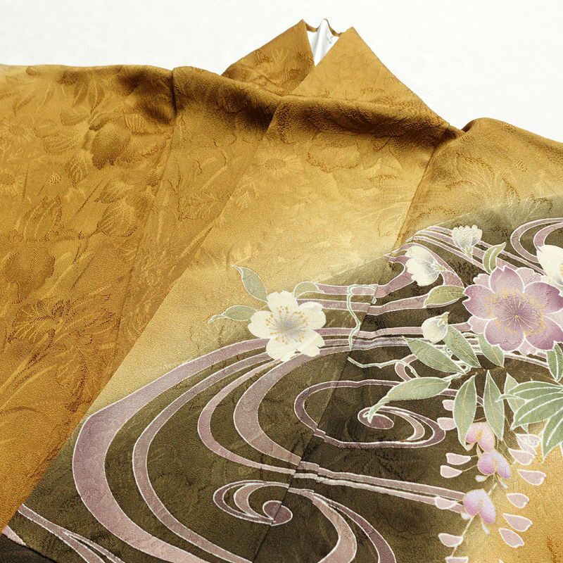 振袖 美品 華徒然 正絹 花柄 袷仕立て 身丈164cm 裄丈68cm 箔 刺繍 共八掛 芍薬 藤 菖蒲 紫陽花 菊 扇子 成人式 金彩 金糸 緑・うぐいす色_画像17