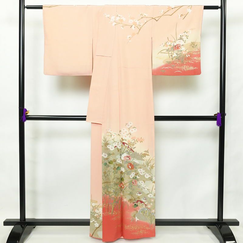 訪問着 縮緬 正絹 古典柄 袷仕立て 身丈160cm 裄丈69cm 箔 梅 菊 萩 ピンク_画像2