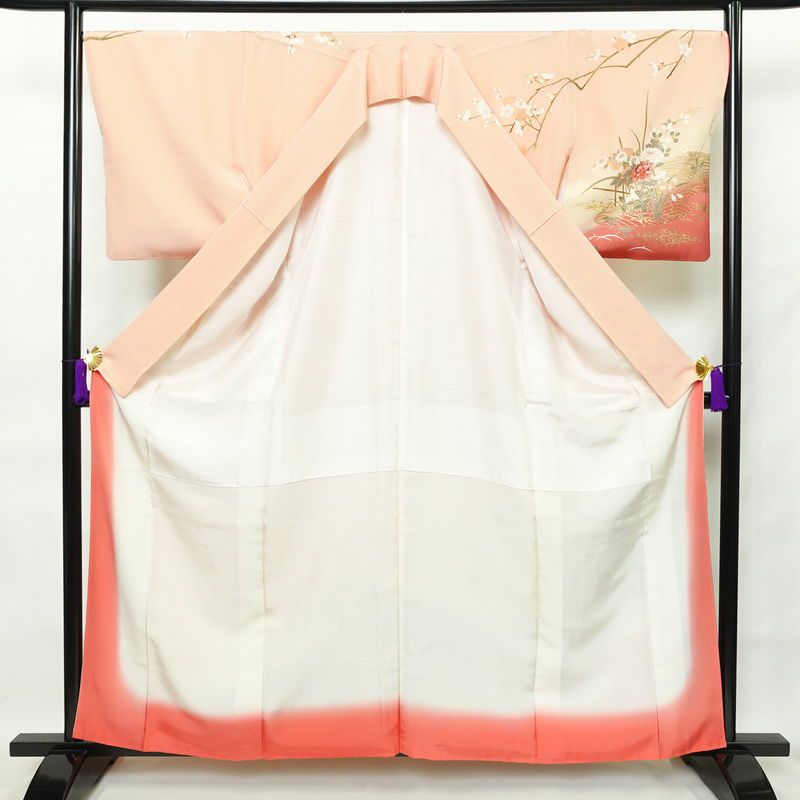 訪問着 縮緬 正絹 古典柄 袷仕立て 身丈160cm 裄丈69cm 箔 梅 菊 萩 ピンク_画像3