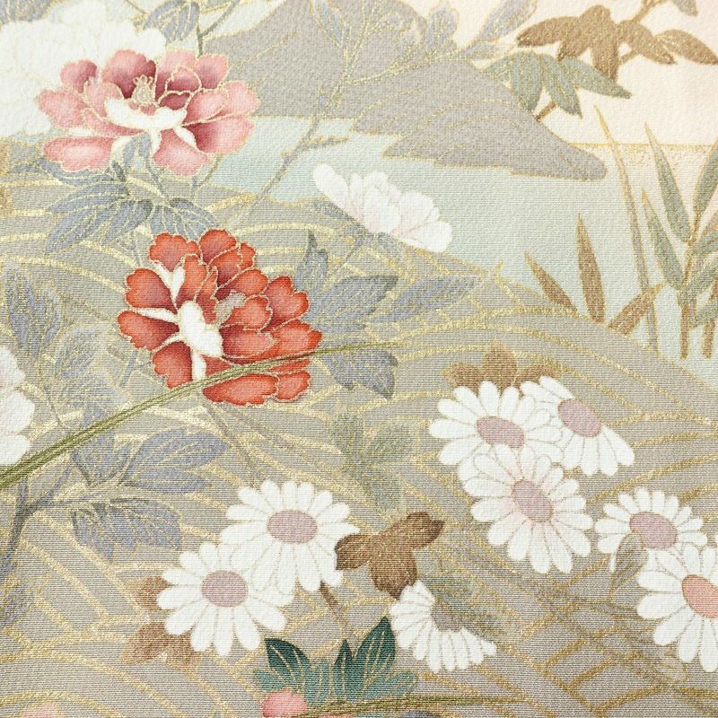 訪問着 縮緬 正絹 古典柄 袷仕立て 身丈160cm 裄丈69cm 箔 梅 菊 萩 ピンク_画像7