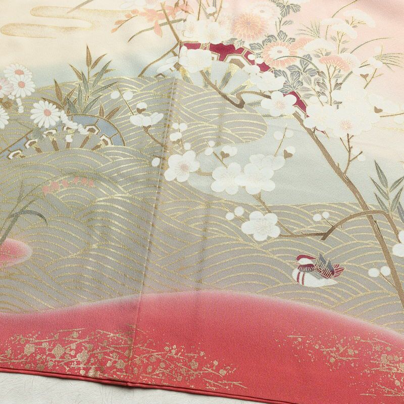 訪問着 縮緬 正絹 古典柄 袷仕立て 身丈160cm 裄丈69cm 箔 梅 菊 萩 ピンク_画像10