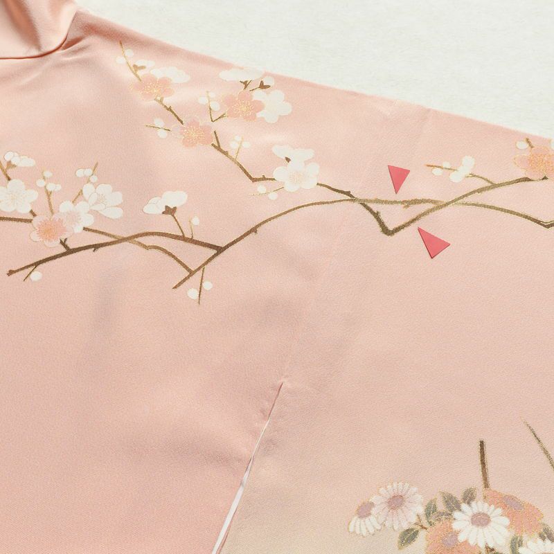 訪問着 縮緬 正絹 古典柄 袷仕立て 身丈160cm 裄丈69cm 箔 梅 菊 萩 ピンク_画像12