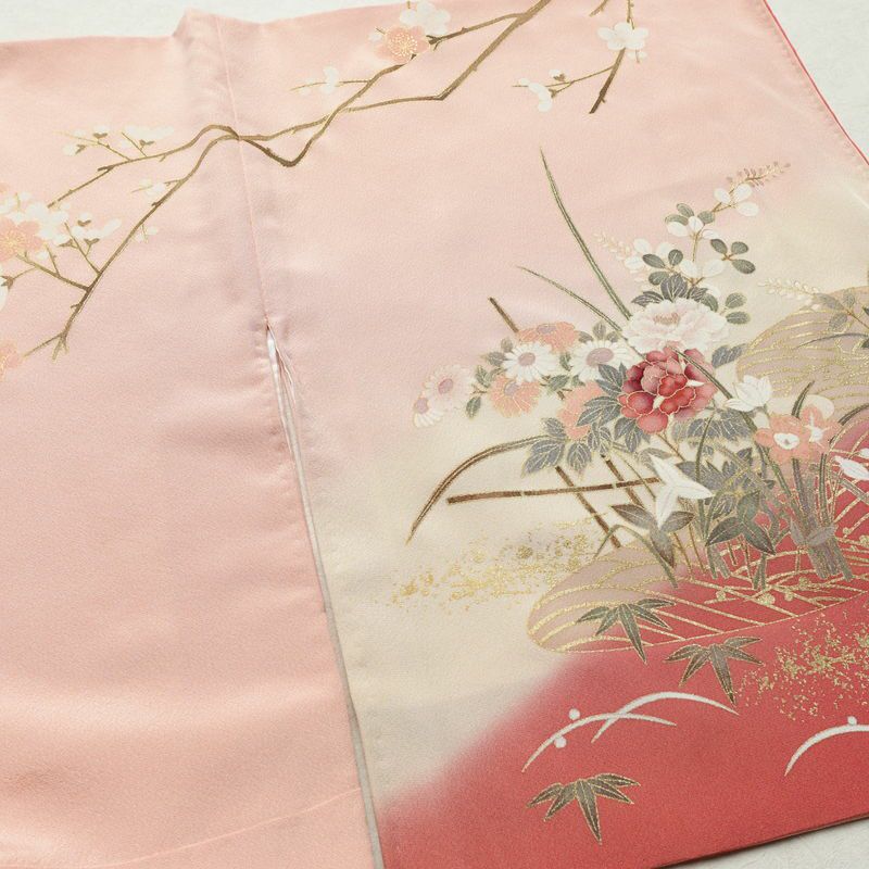 訪問着 縮緬 正絹 古典柄 袷仕立て 身丈160cm 裄丈69cm 箔 梅 菊 萩 ピンク_画像14