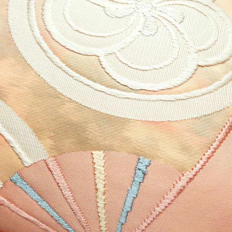 名古屋帯 太鼓柄 正絹 古典柄 名古屋仕立て 扇子 刺繍 ピンク_画像3