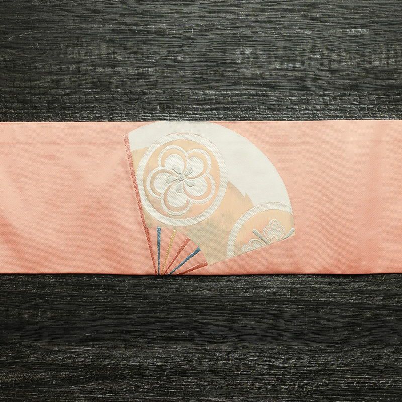名古屋帯 太鼓柄 正絹 古典柄 名古屋仕立て 扇子 刺繍 ピンク_画像14
